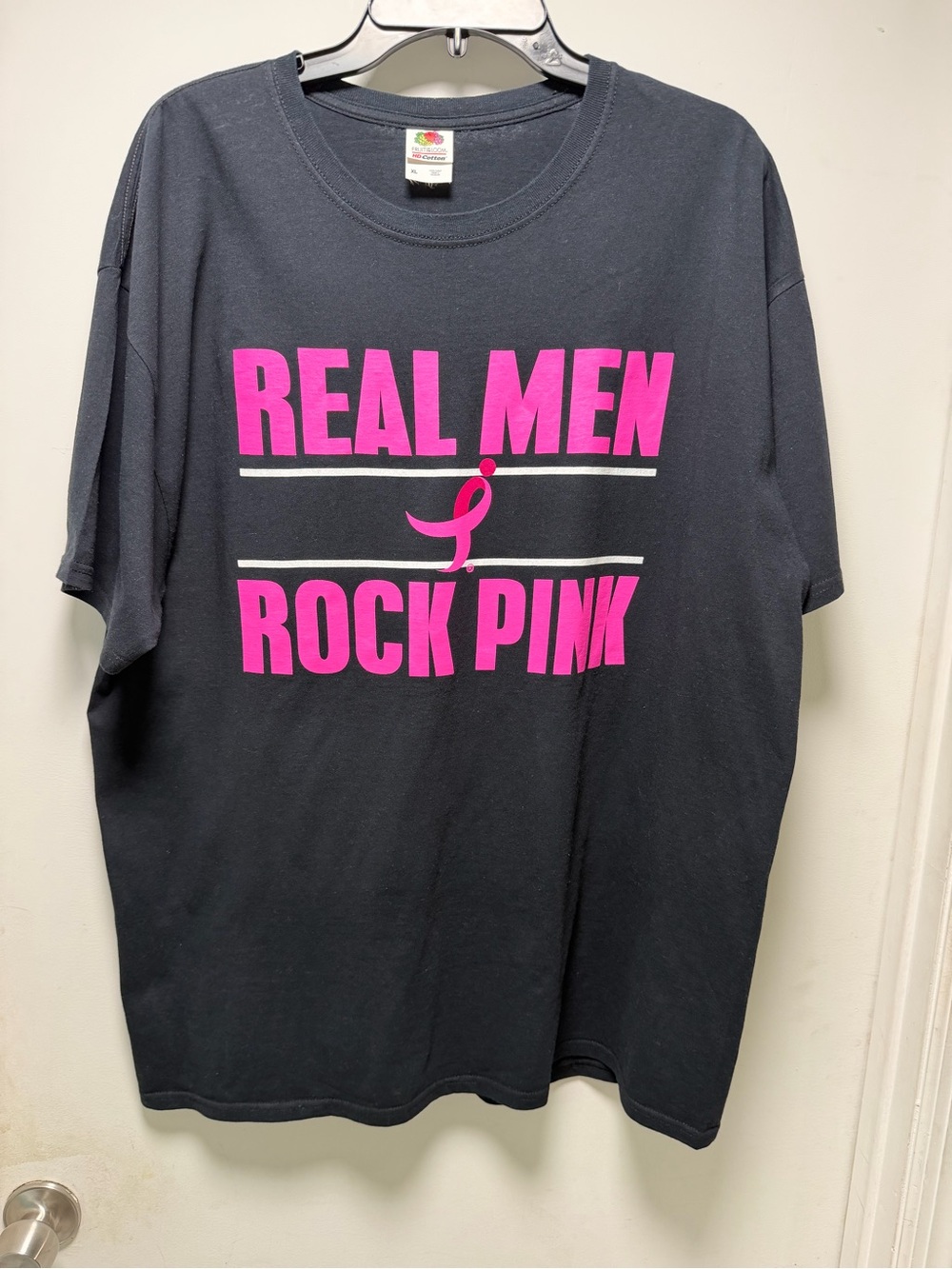 Fruit of the Loom Black Tee with Bright Pink 'Real Men Rock Pink' Graphic